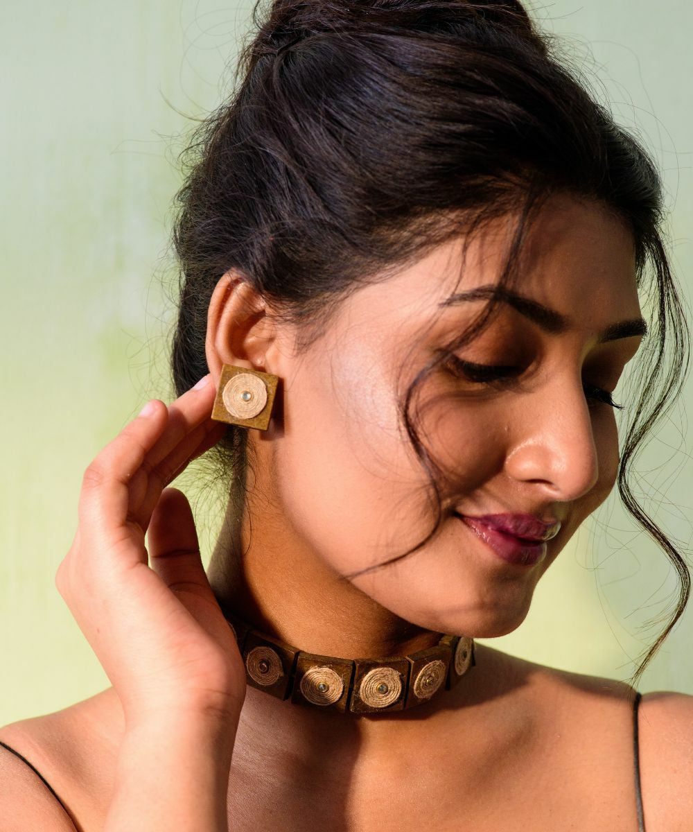 Brown handmade square wooden block studs