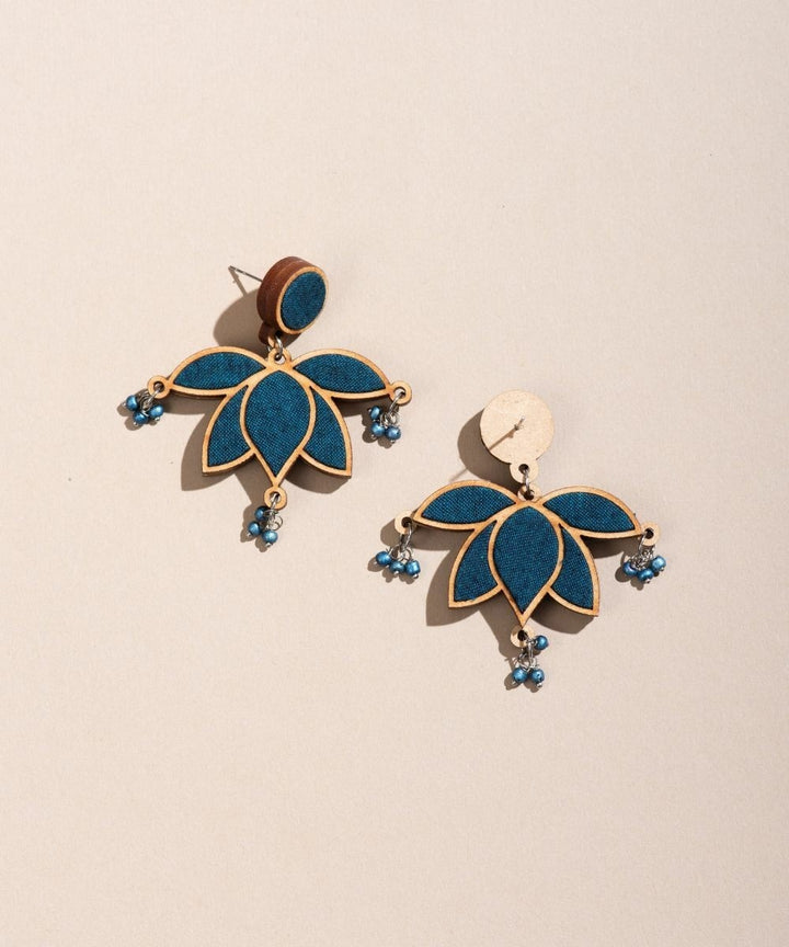 Teal lotus upcycled fabric repurposed wood statement earrings
