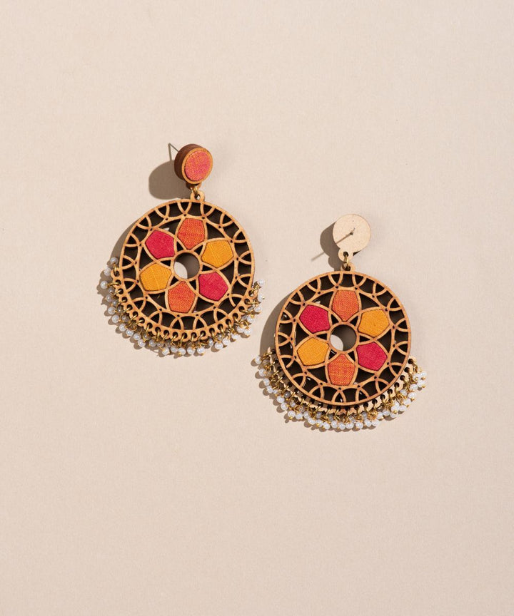 Red orange festive wheel upcycled fabric repurposed wood earrings