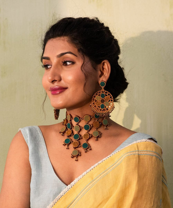 Green wheel upcycled fabric repurposed wood earrings