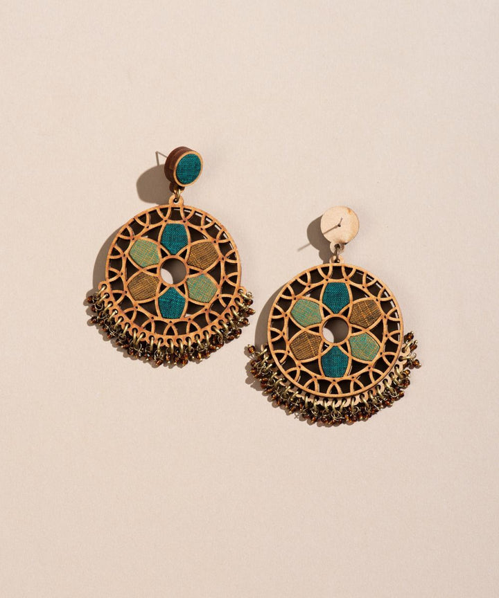 Green wheel upcycled fabric repurposed wood earrings