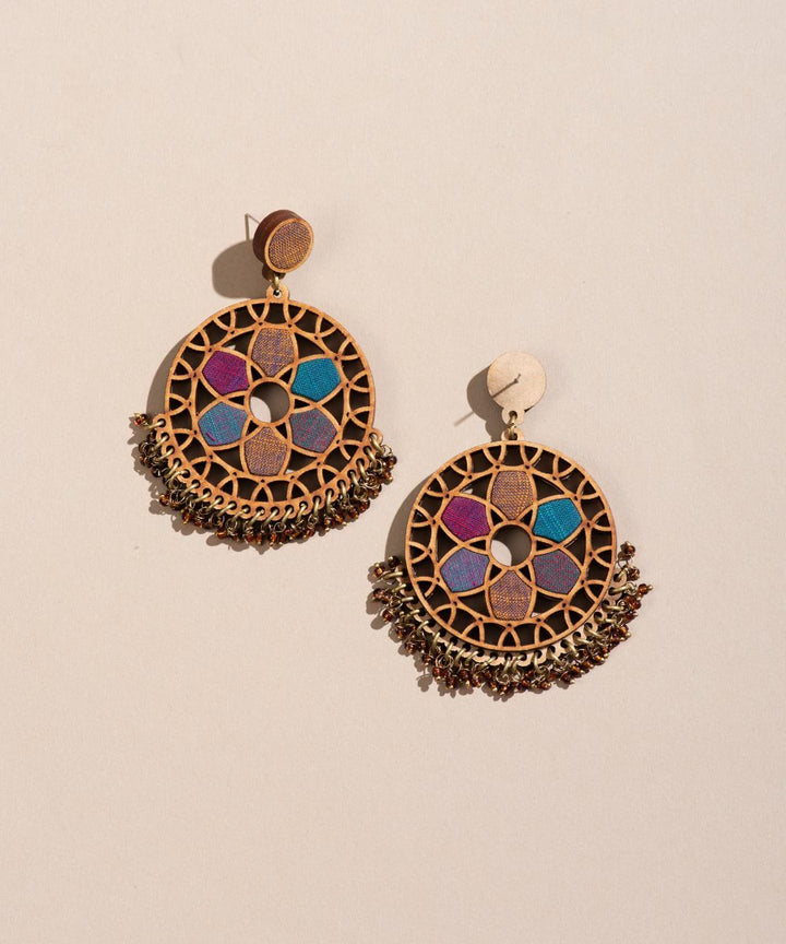 Violet wheel upcycled fabric repurposed wood earrings