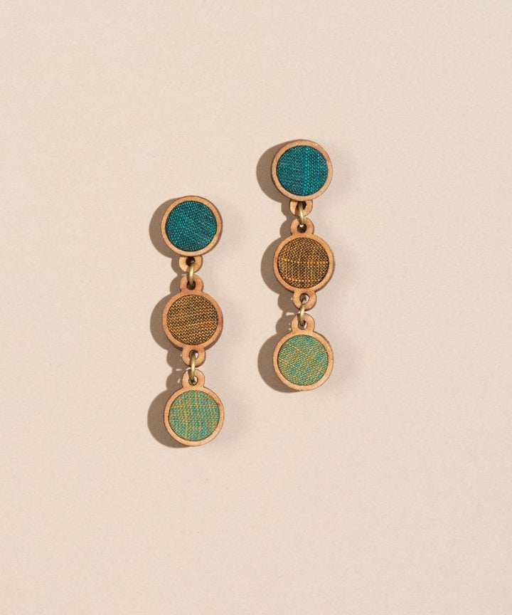 Green brown upcycled fabric repurposed wood round earring