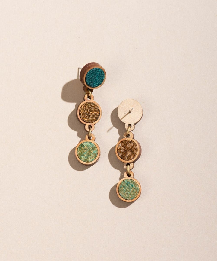 Green brown upcycled fabric repurposed wood round earring