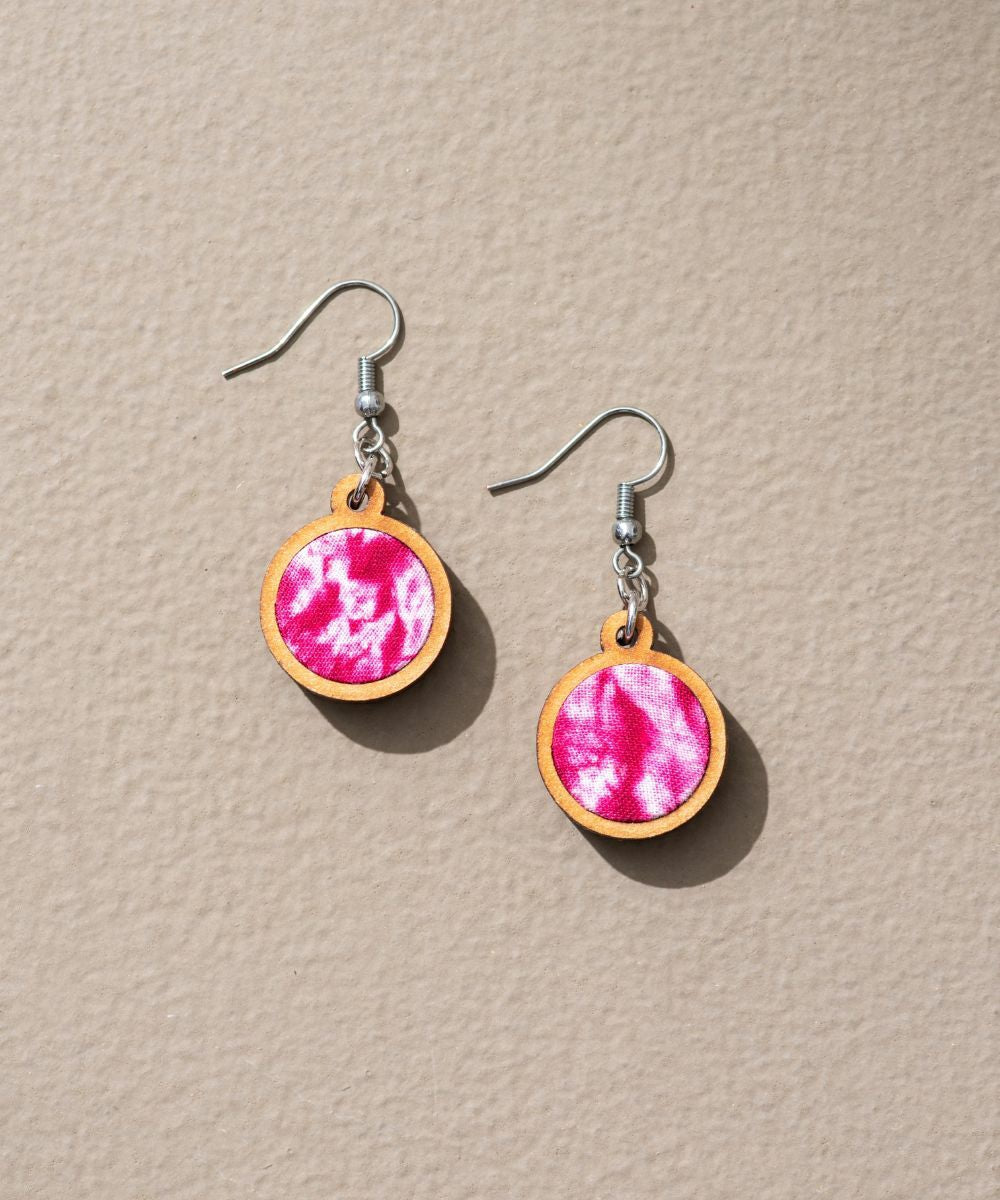 Pink handcrafted tie dye repurposed wood fabric danglers