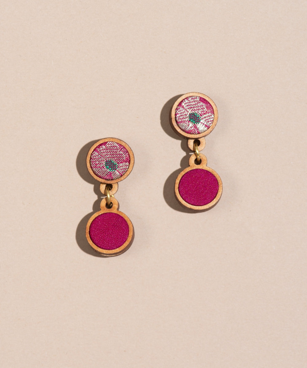 Pink handmade upcycled wood stud on brocade fabric earring