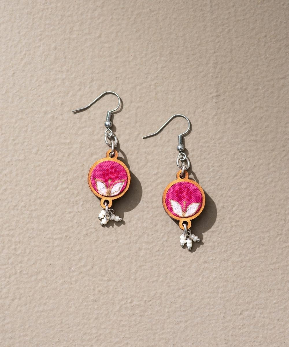 Pink handmade upcycled fabric repurposed wood flower earrings