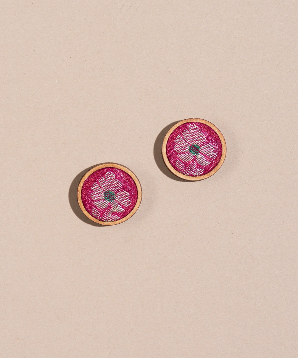 Pink handmade repurposed earring wood stud on brocade fabric
