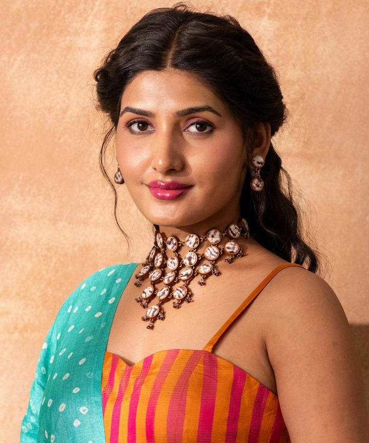 Brown handcrafted tie dye repurposed wood fabric earring