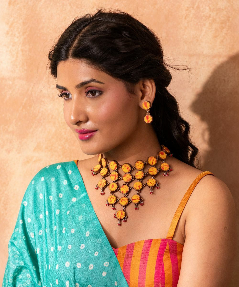 Yellow orange handcrafted tie dye repurposed wood fabric earring