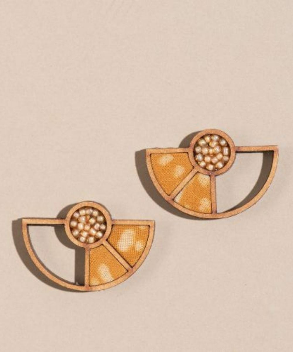 Yellow handmade geometrical upcycled fabric repurposed wood earring