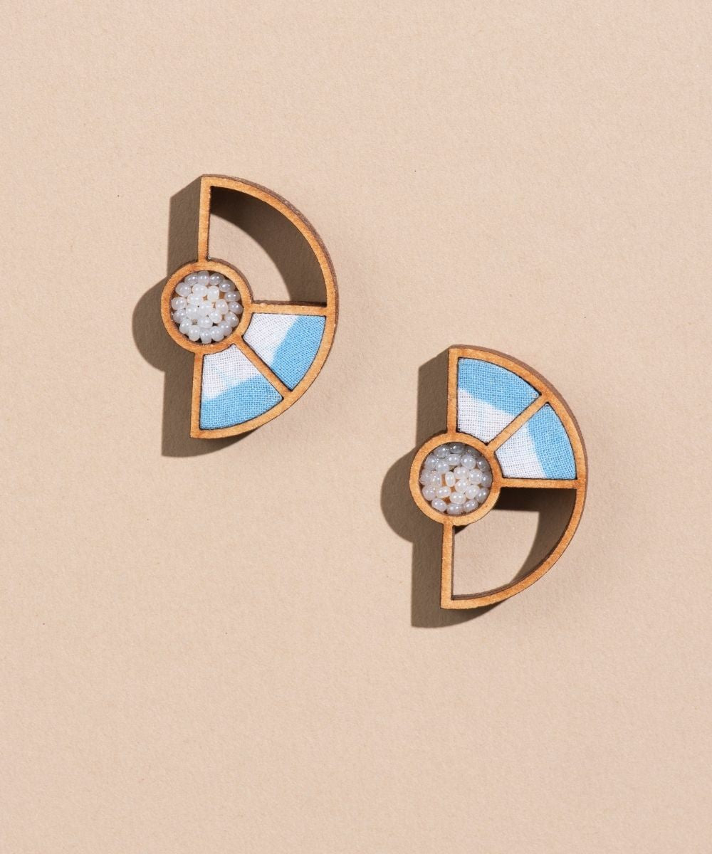 Blue handmade geometrical upcycled fabric repurposed wood earring