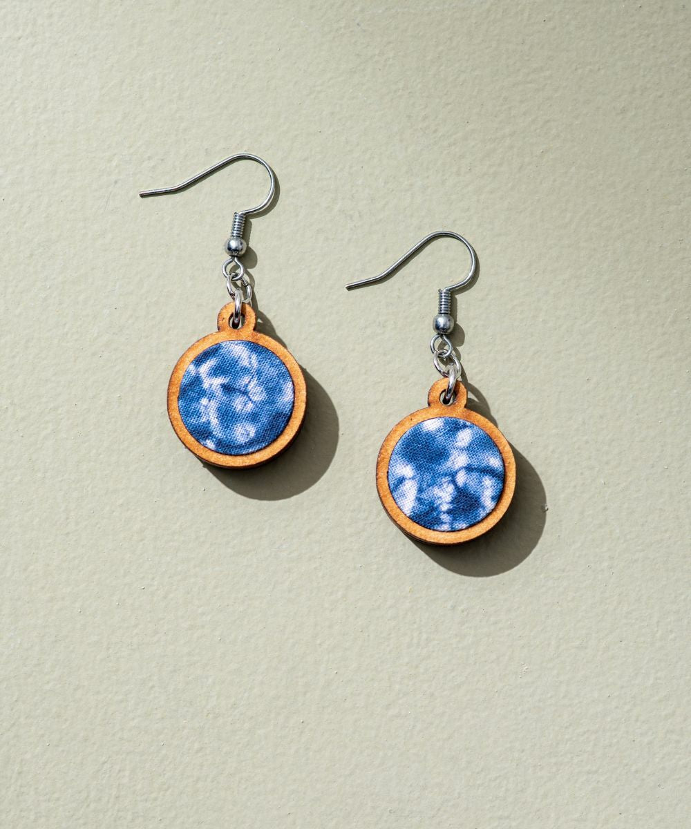 Blue handcrafted tie dye repurposed wood fabric danglers