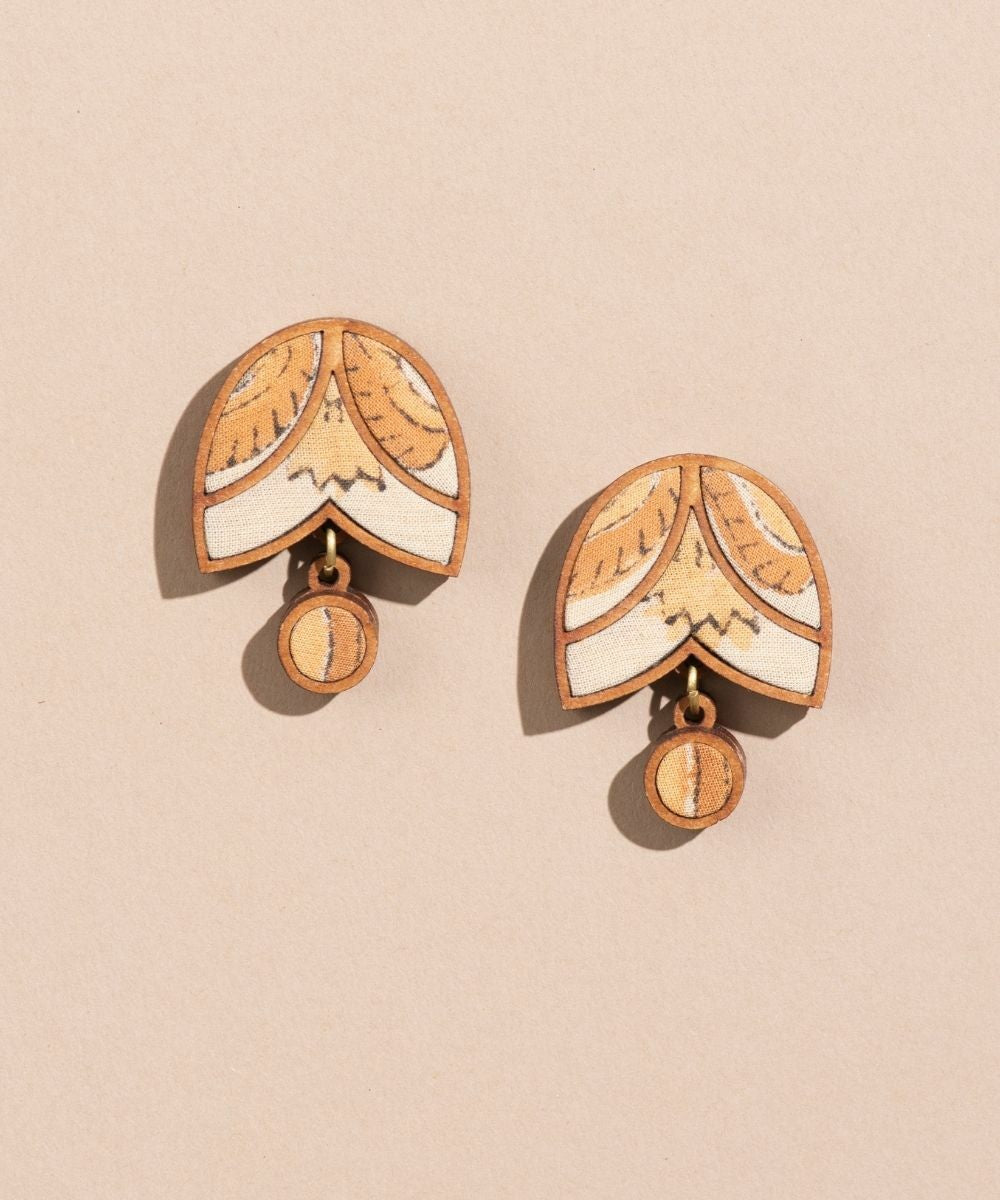 Yellow Brown handmade bloom upcycled fabric repurposed wood stud earrings