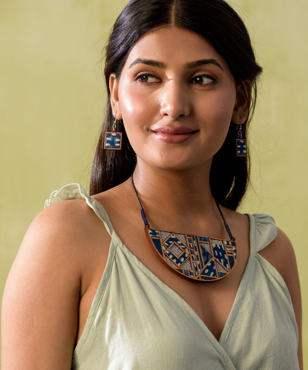 Indigo upcycled fabric repurposed wood square earrings