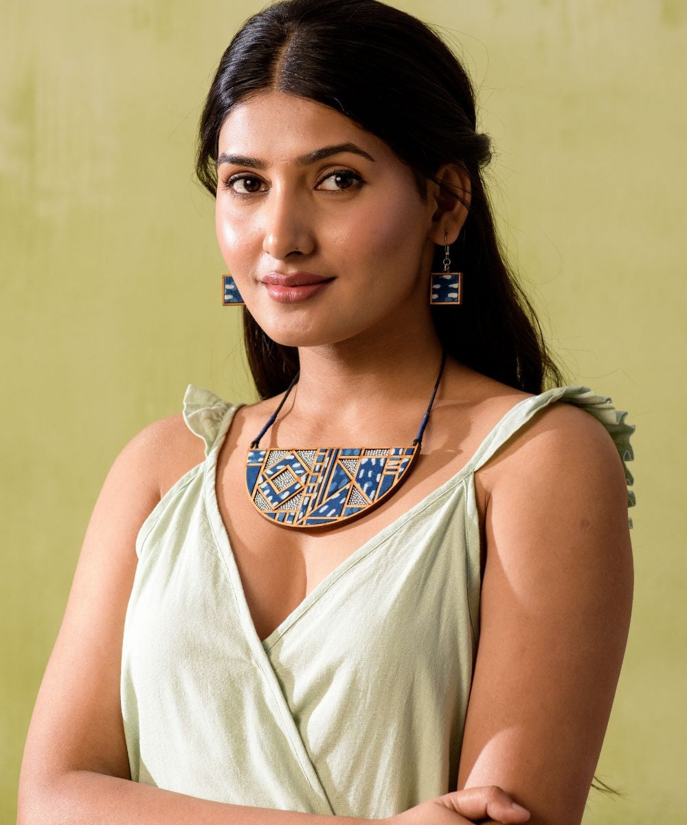 Indigo upcycled fabric repurposed wood square earrings