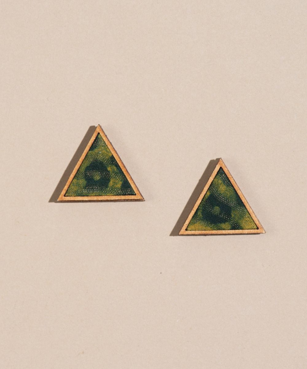 Green batik triangular studs made of repurposed fabric wood