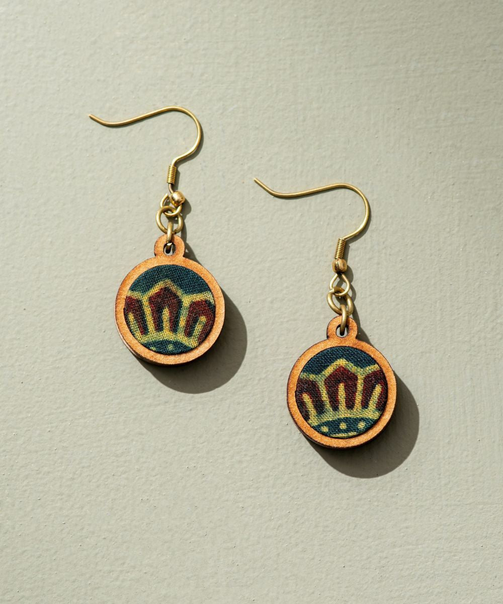 Sun green ajrakh fabric repurposed wood earrings