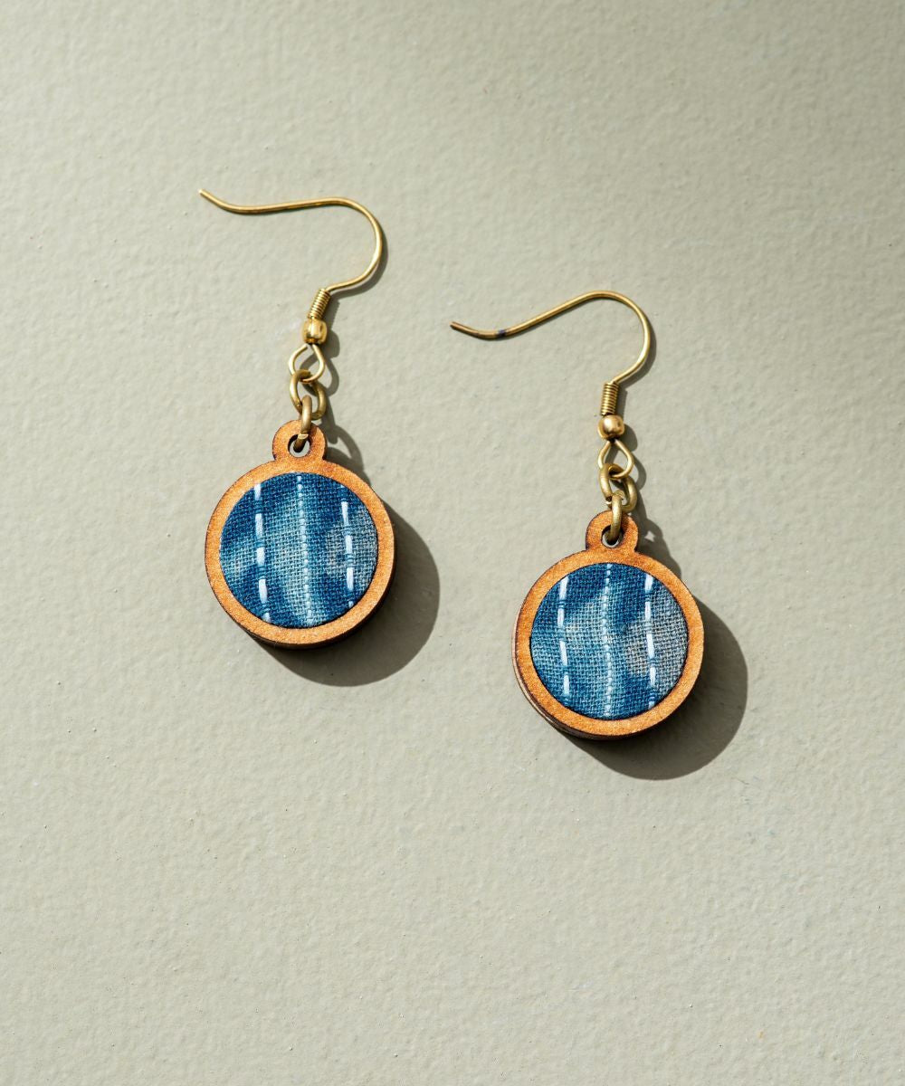 Blue kantha batik fabric repurposed wood earrings