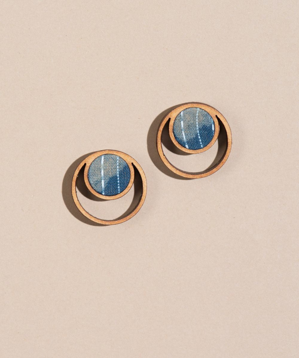 Blue kantha batik fabric repurposed wood stud earrings