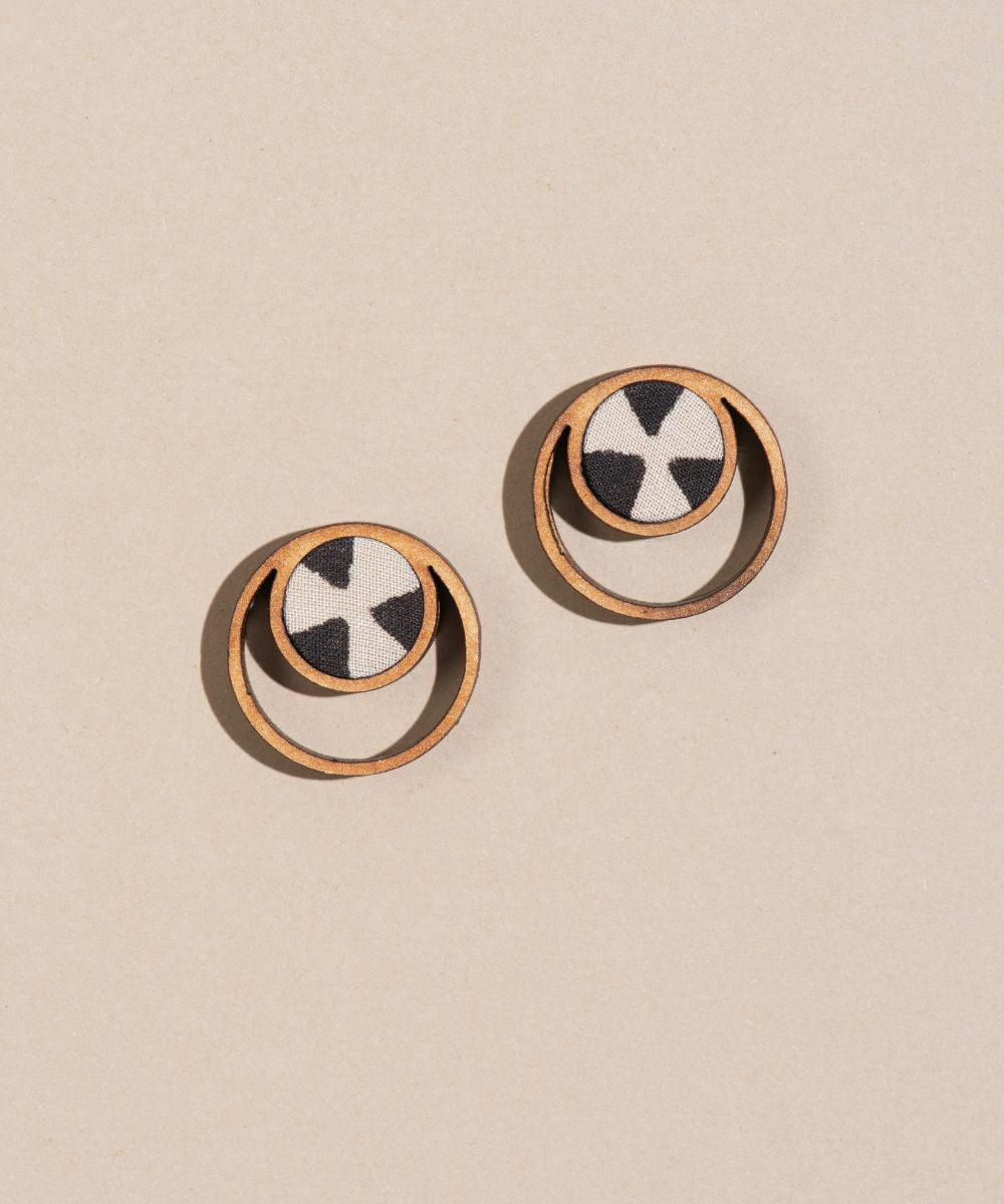 Black beige batik fabric and repurposed wood stud earrings