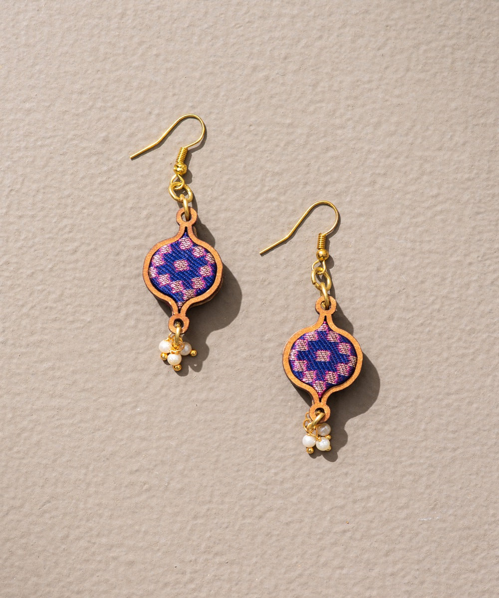 Blue brocade repurposed fabric wood earrings
