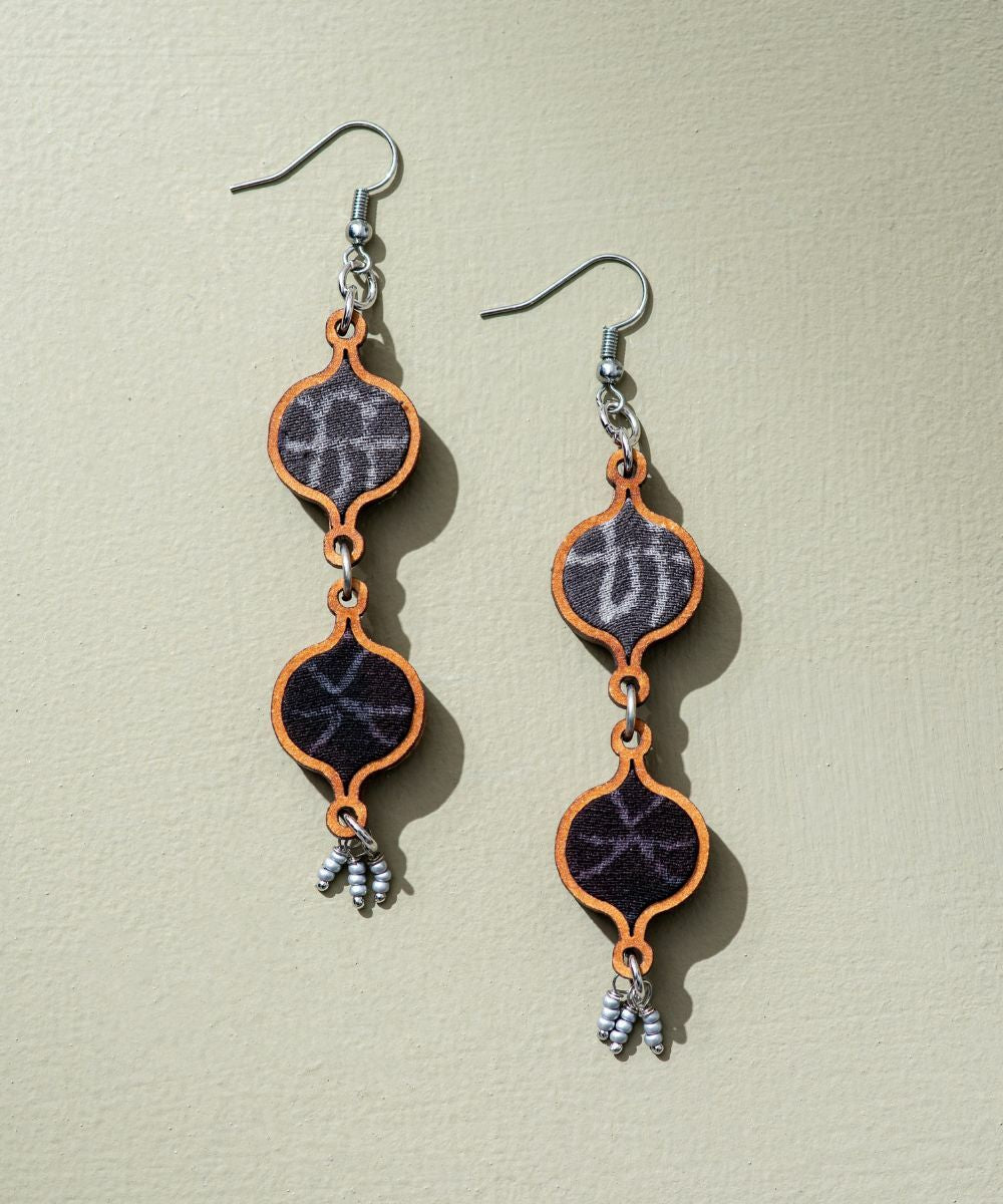 Grey tribal motives repurposed fabric and wood earrings