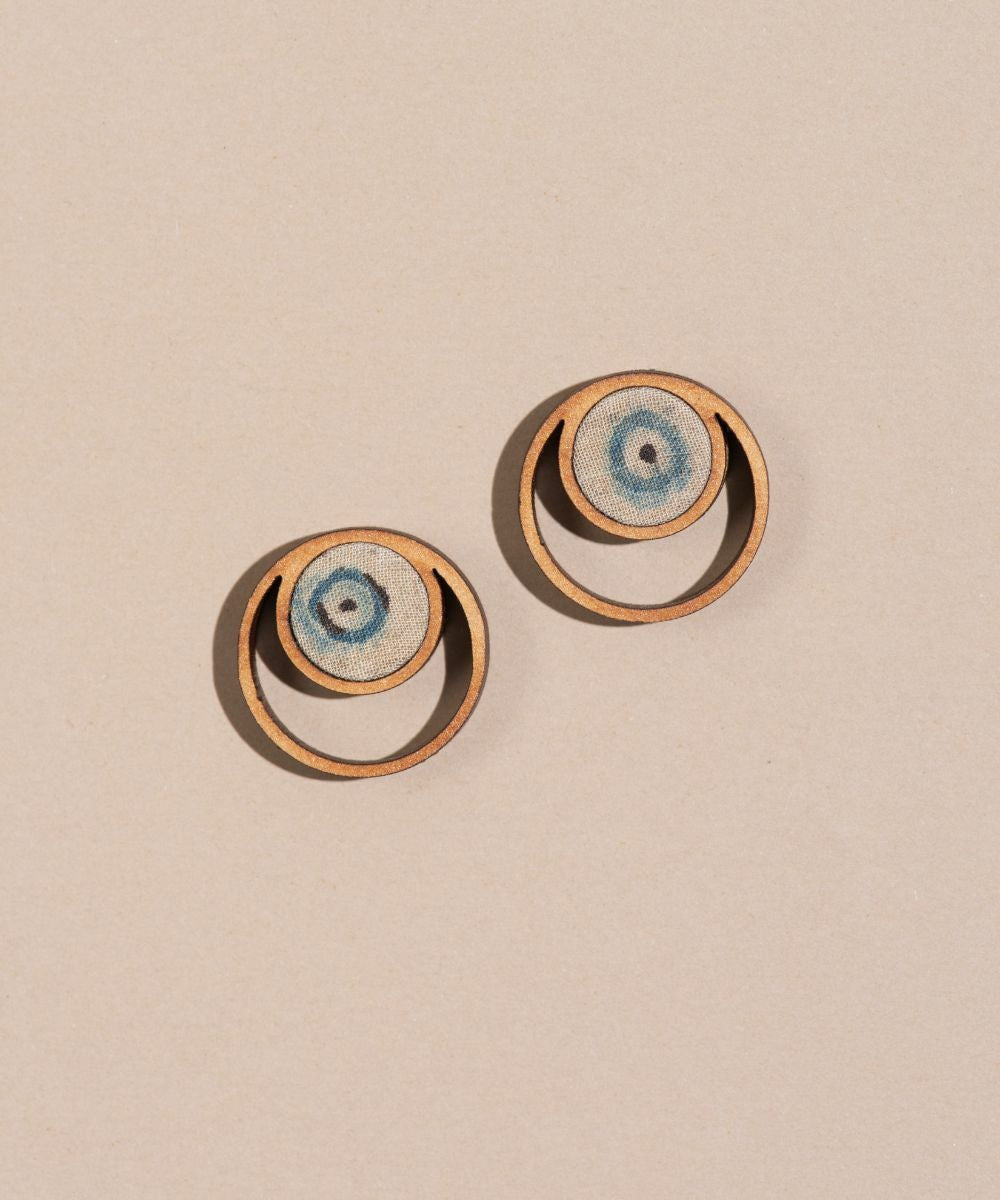 Blue beige ajrakh fabric repurposed wood stud earrings