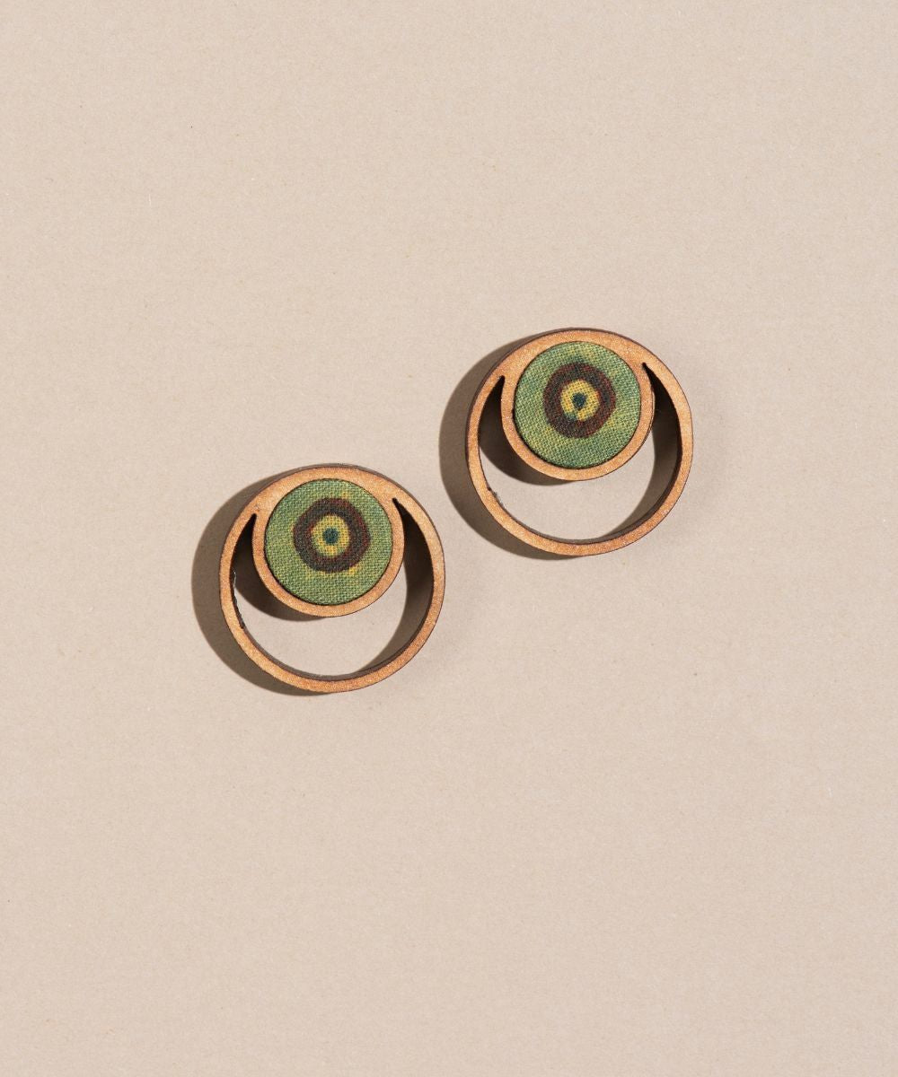 Green ajrakh fabric repurposed wood stud earrings