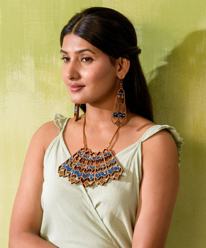 Blue wave pattern upcycled fabric repurposed wood earrings