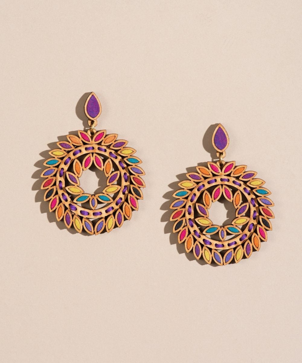 Multicolor upcycled fabric repurposed wood statement earrings