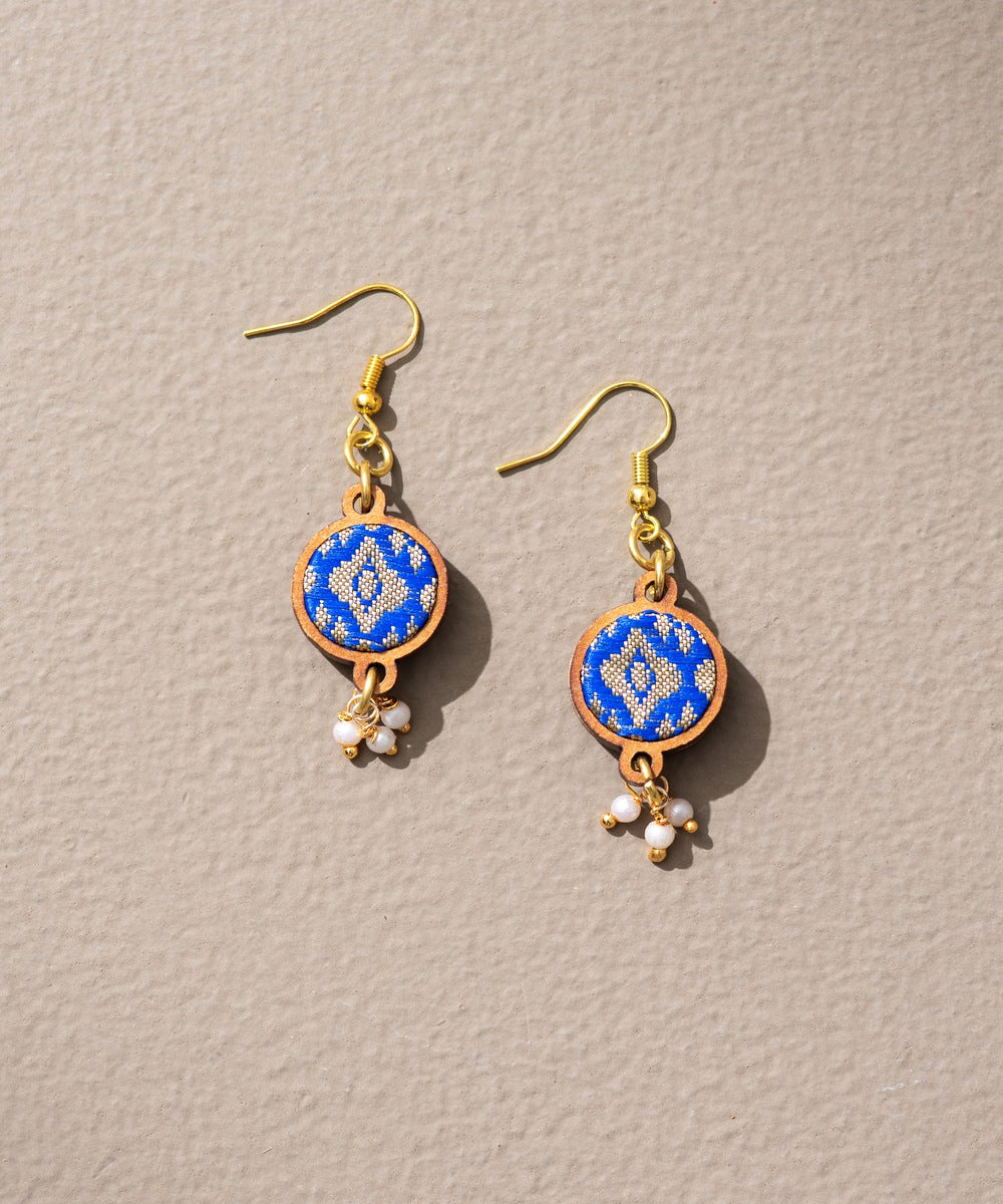 Blue brocade festive repurposed fabric wood earrings