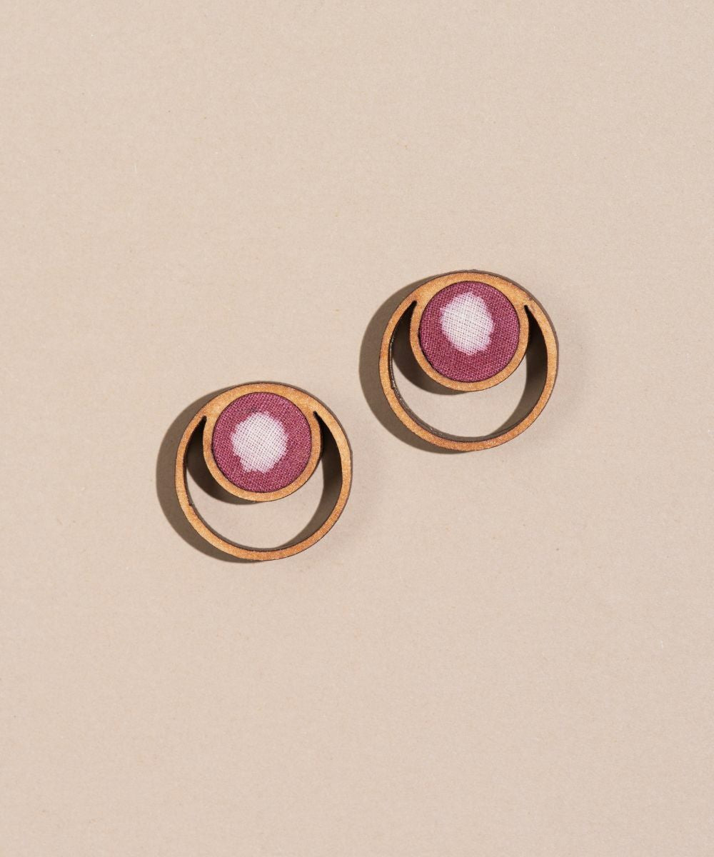 Pink batik fabric repurposed wood stud earrings