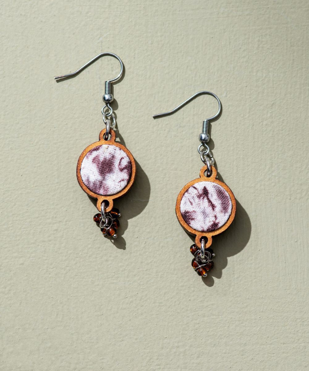 Brown handcrafted tie dye repurposed wood fabric danglers