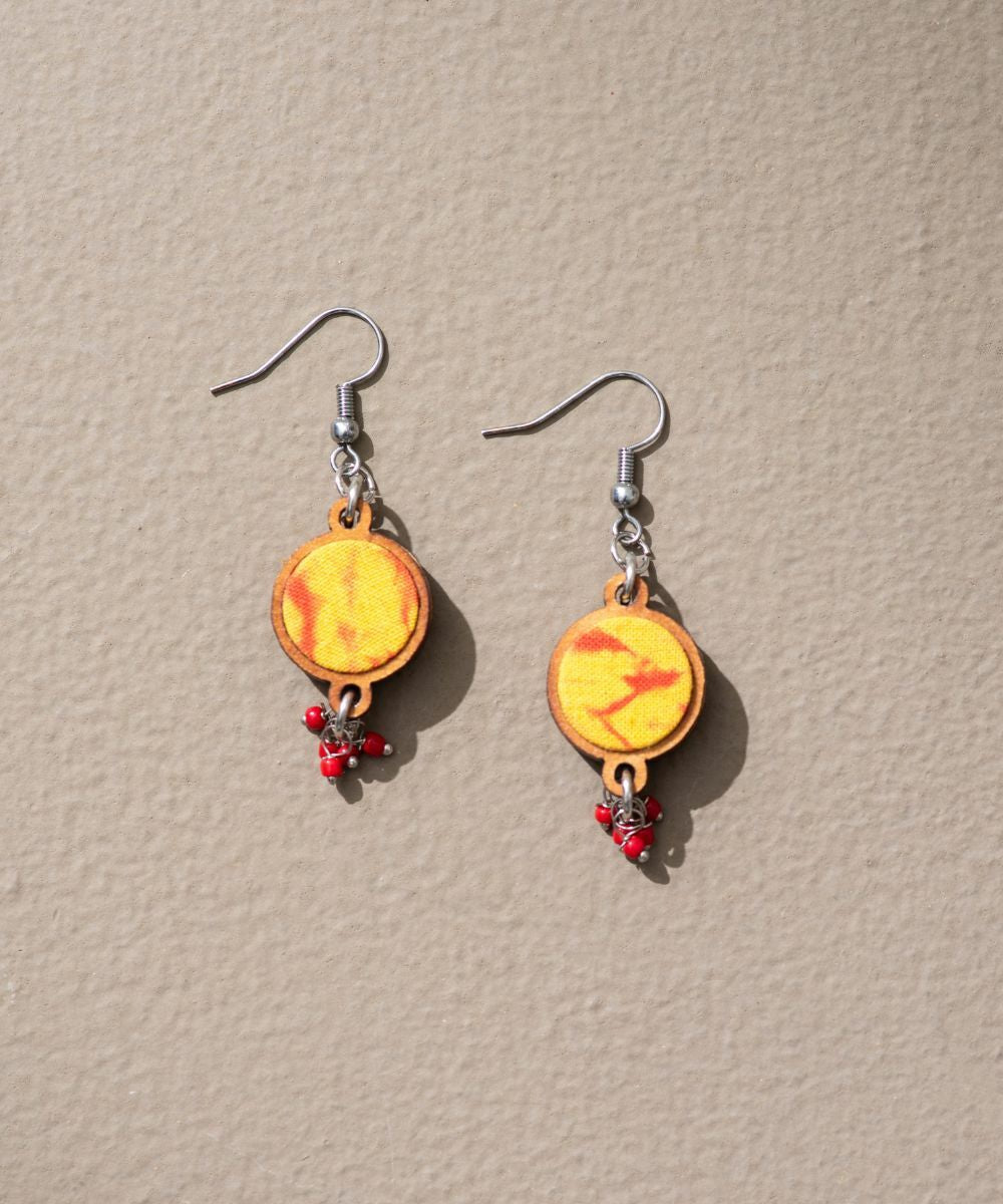 Yellow orange handcrafted tie dye repurposed wood fabric danglers