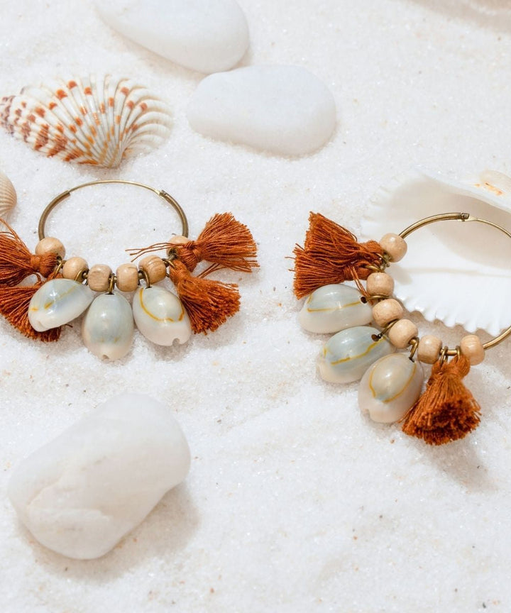 Brown artisan shell hoop earrings