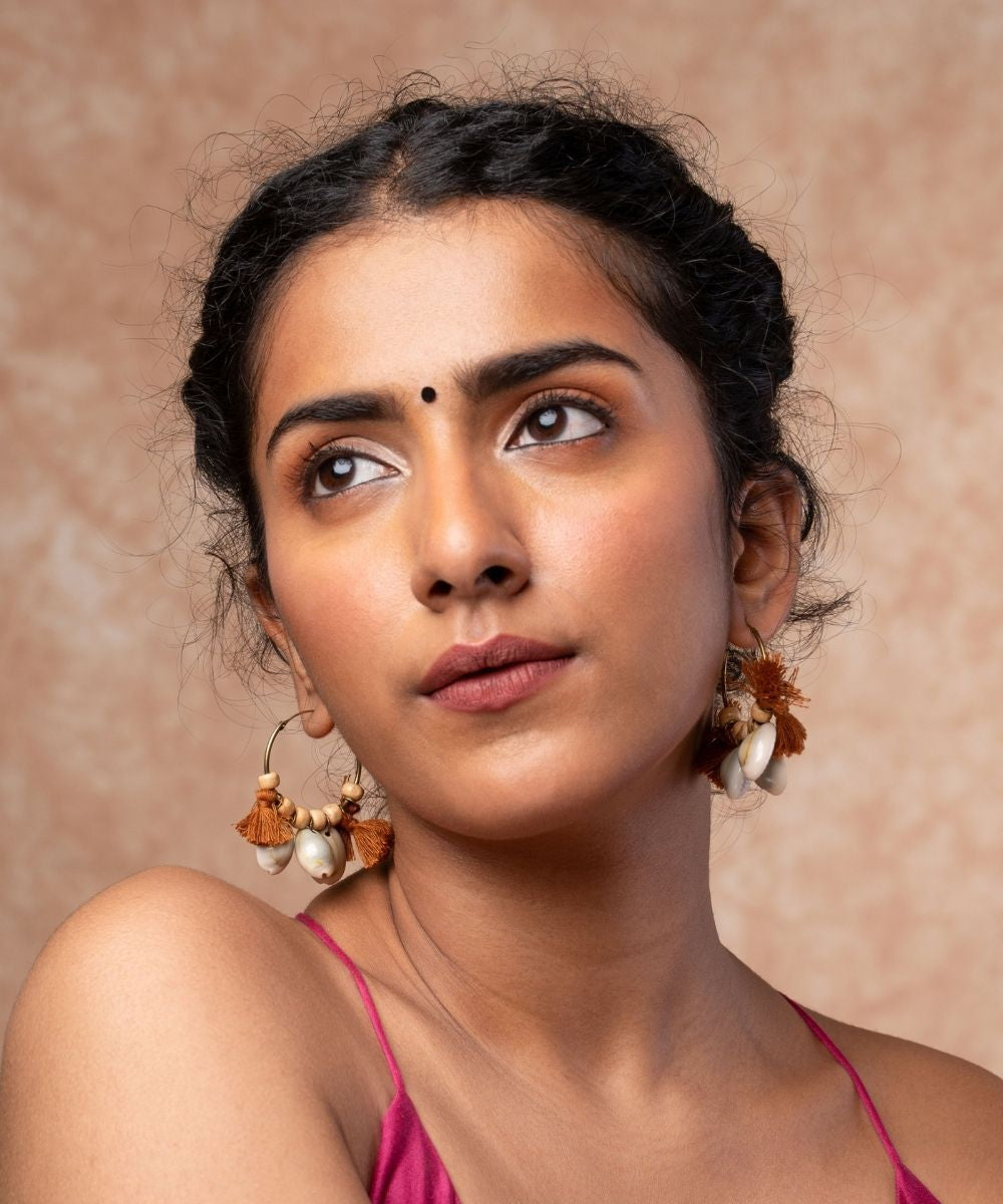 Brown artisan shell hoop earrings