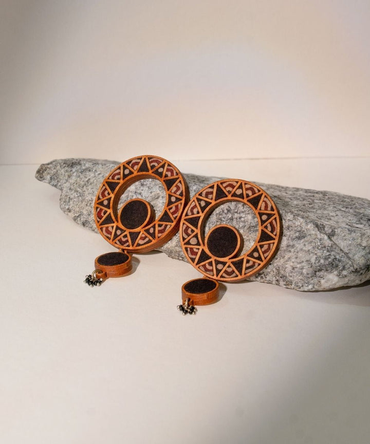 Black wheel repurposed ajrakh fabric and wood earrings