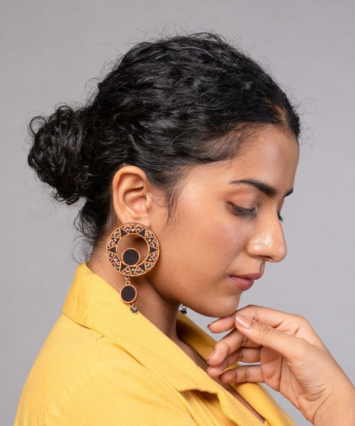 Black wheel repurposed ajrakh fabric and wood earrings