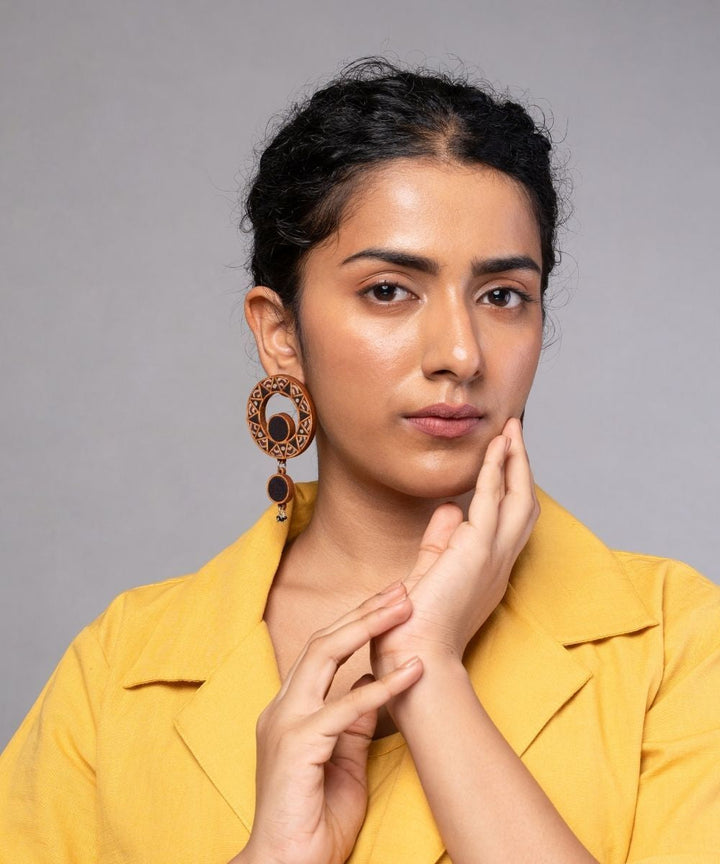 Black wheel repurposed ajrakh fabric and wood earrings