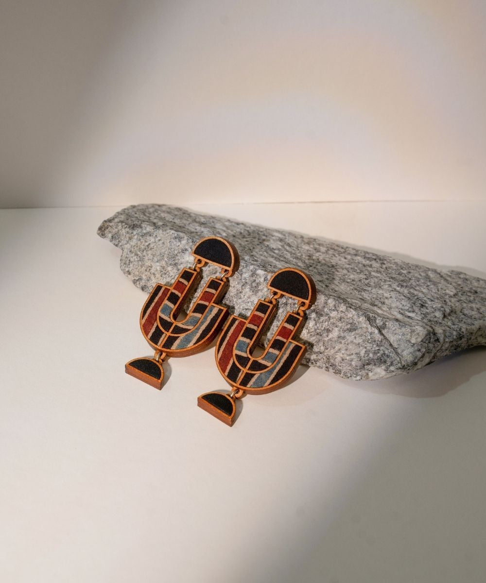 Black stripe ajrakh repurposed fabric and wood earrings