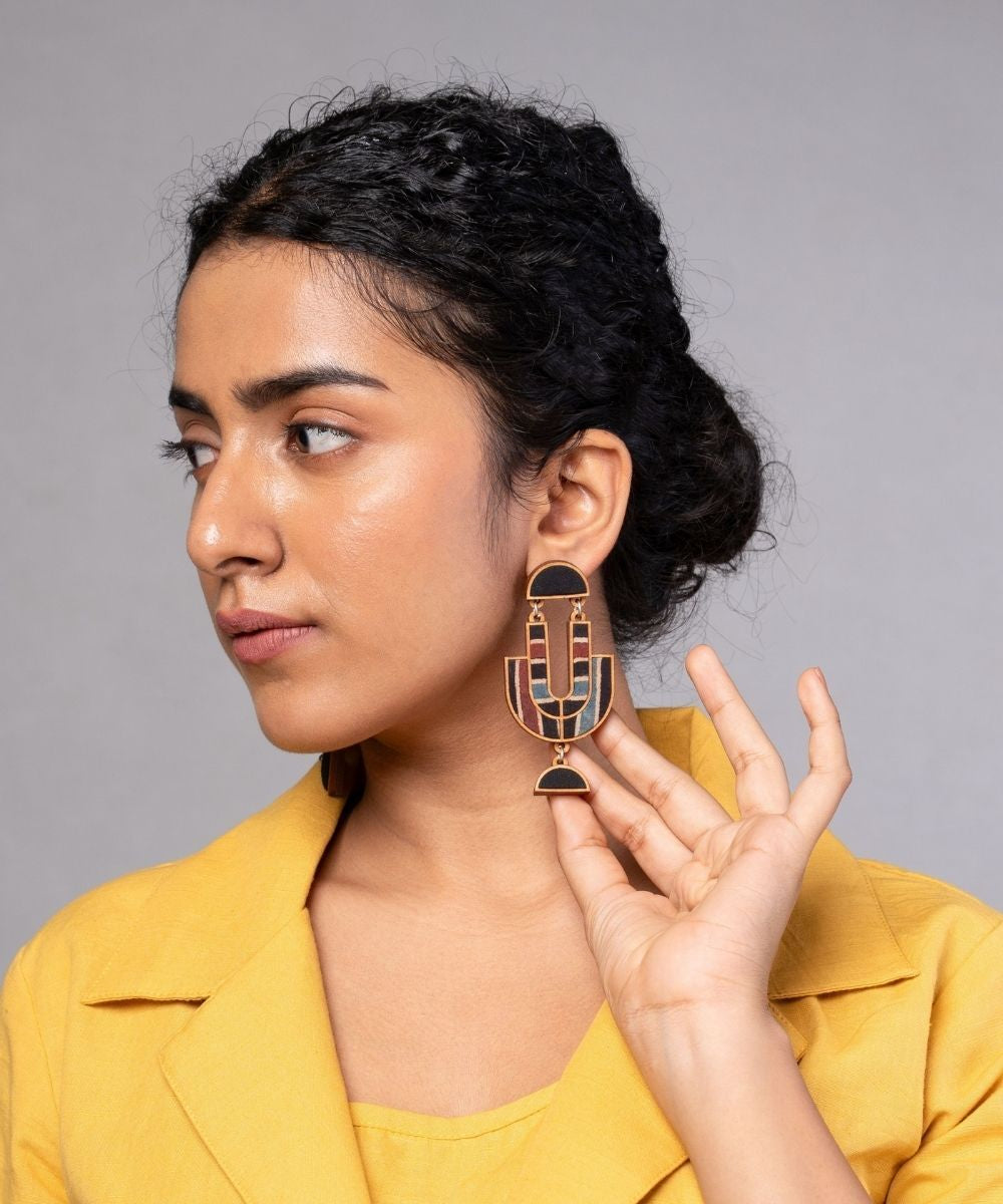 Black stripe ajrakh repurposed fabric and wood earrings