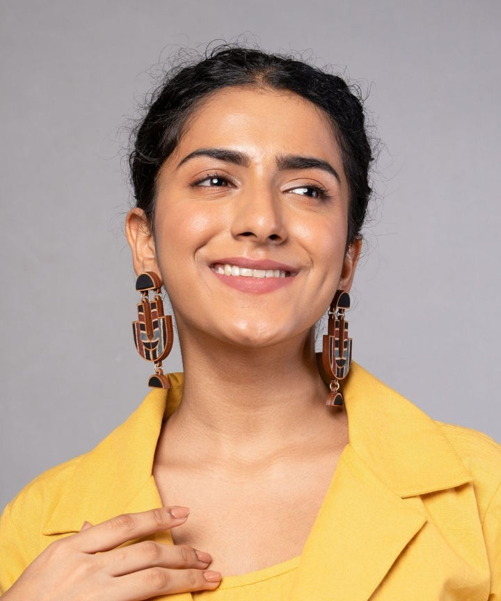 Black stripe ajrakh repurposed fabric and wood earrings