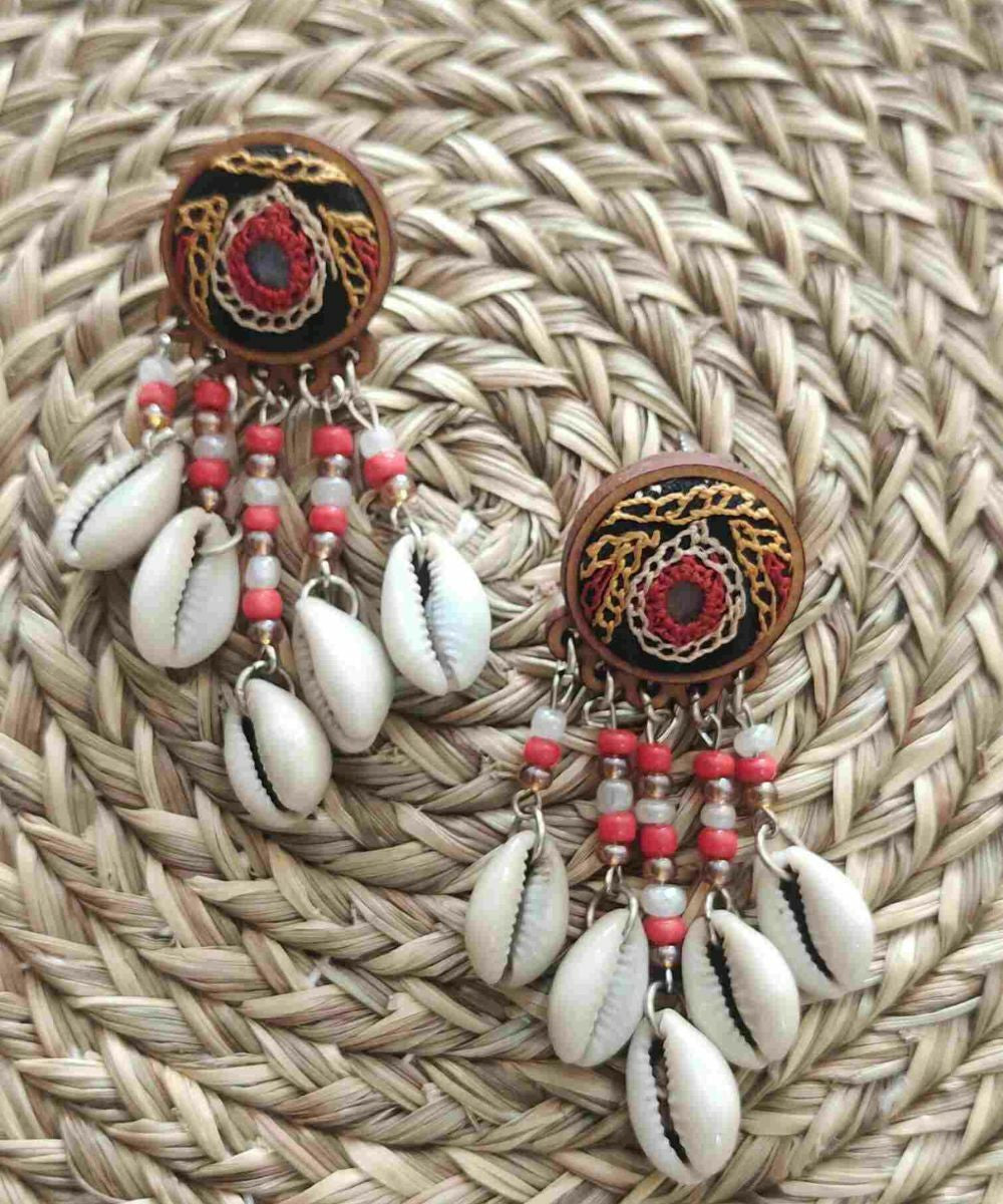 Mustard hand embroidered earrings with cowry