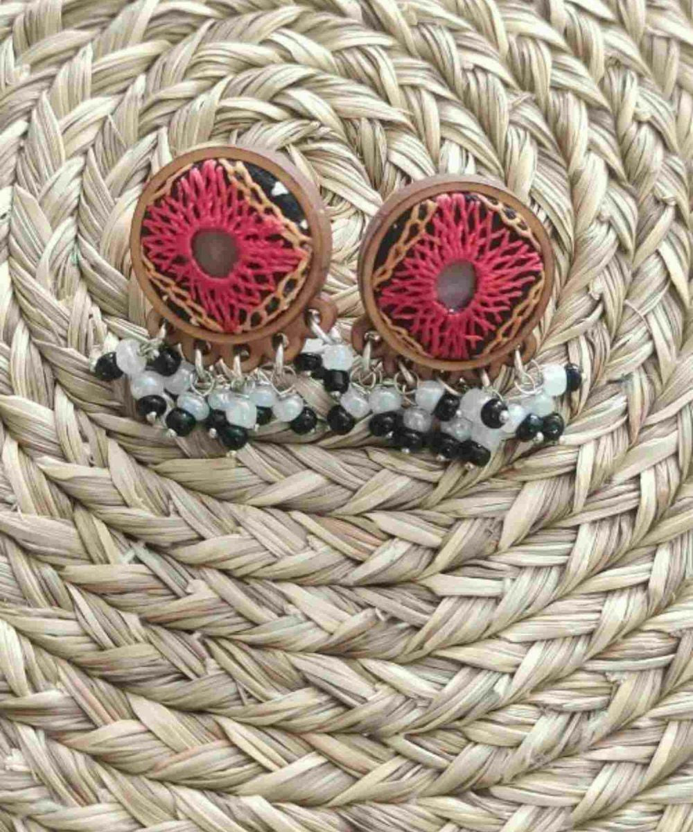 Red hand embroidered wood earrings