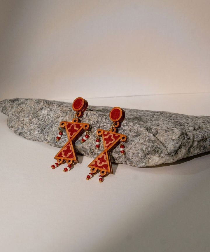 Maroon worli inspired repurposed fabric and wood earrings