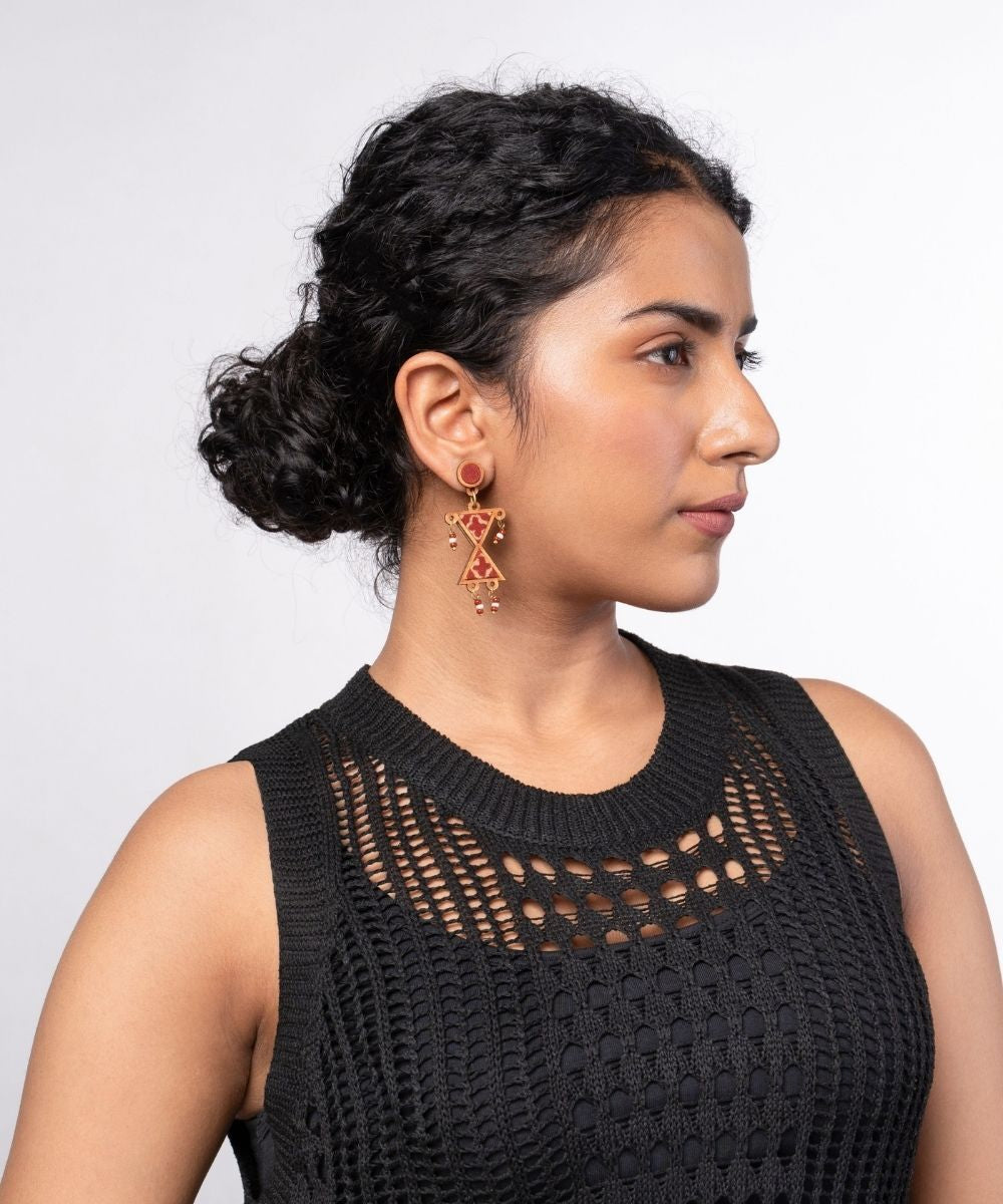 Maroon worli inspired repurposed fabric and wood earrings