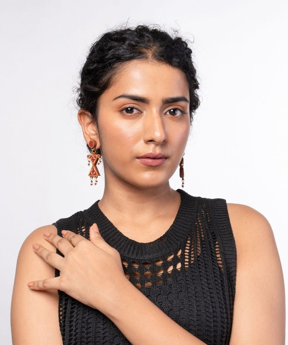 Maroon worli inspired repurposed fabric and wood earrings