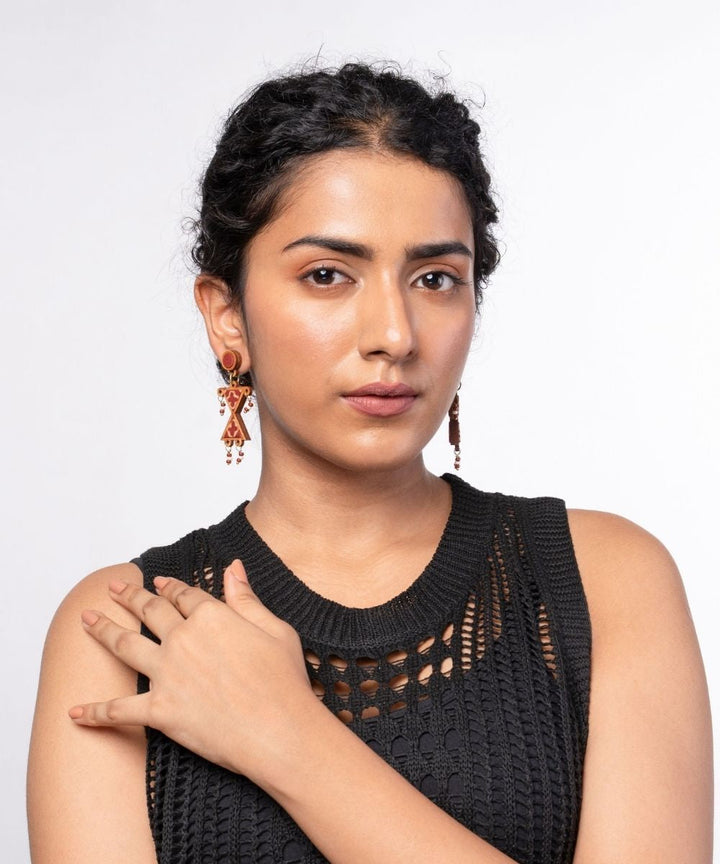 Maroon worli inspired repurposed fabric and wood earrings