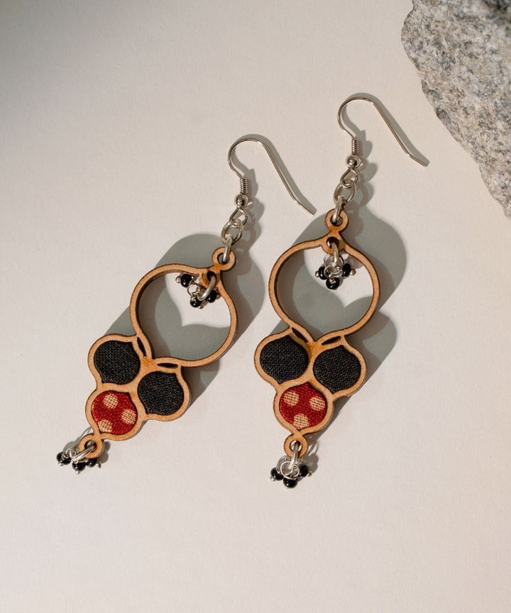 Black ajrakh repurposed fabric and wood round danglers